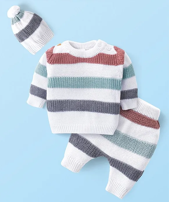 Cotton Knit Full Sleeves Striped Pullover Sweater Set With Cap