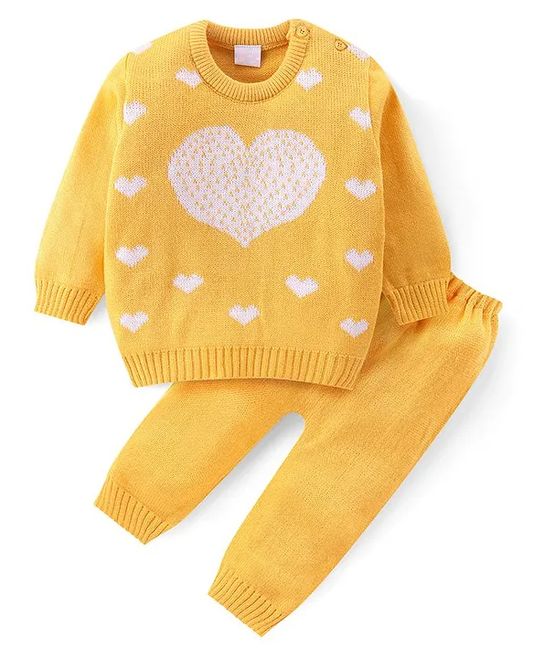 Knitted Full Sleeves Pullover Sweater & Pant Set With Heart Design