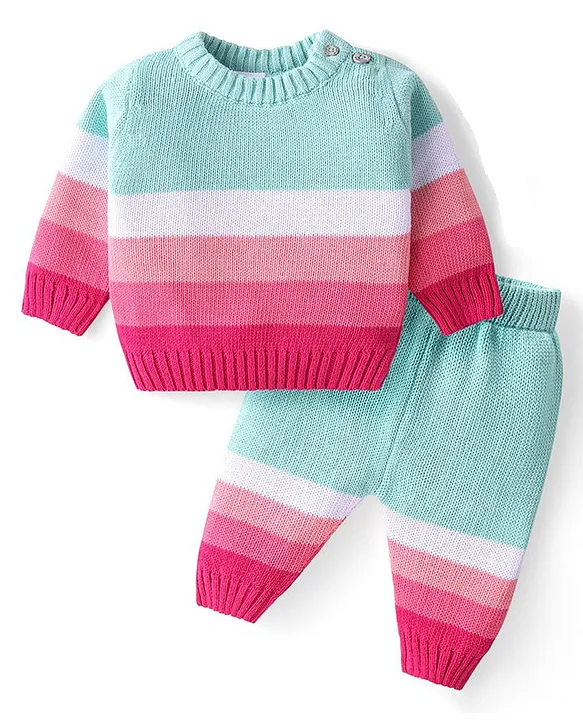 Knitted Full Sleeves Pullover Sweater & Pant Set With Stripes Design